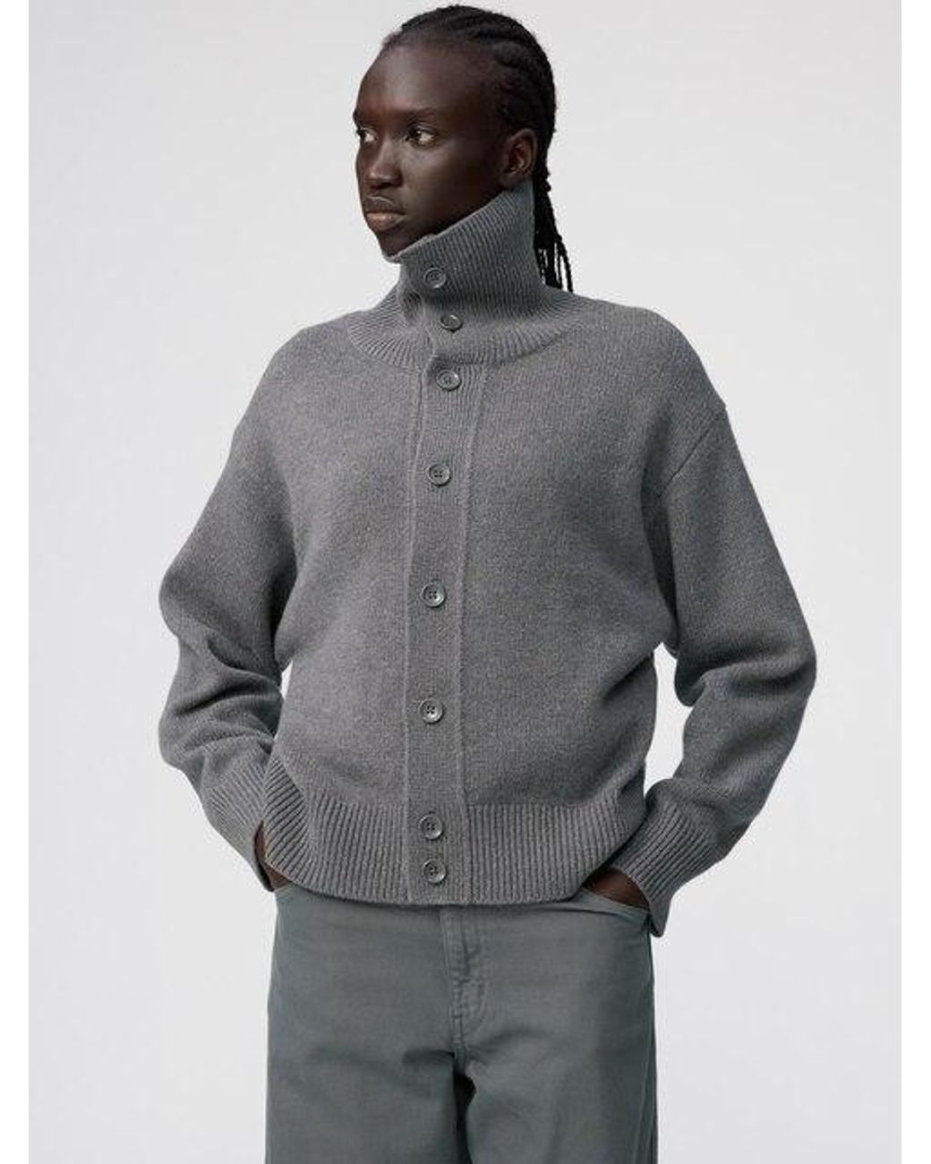 Uniqlo Gray 100% Lambswool Stand Collar Cardigan