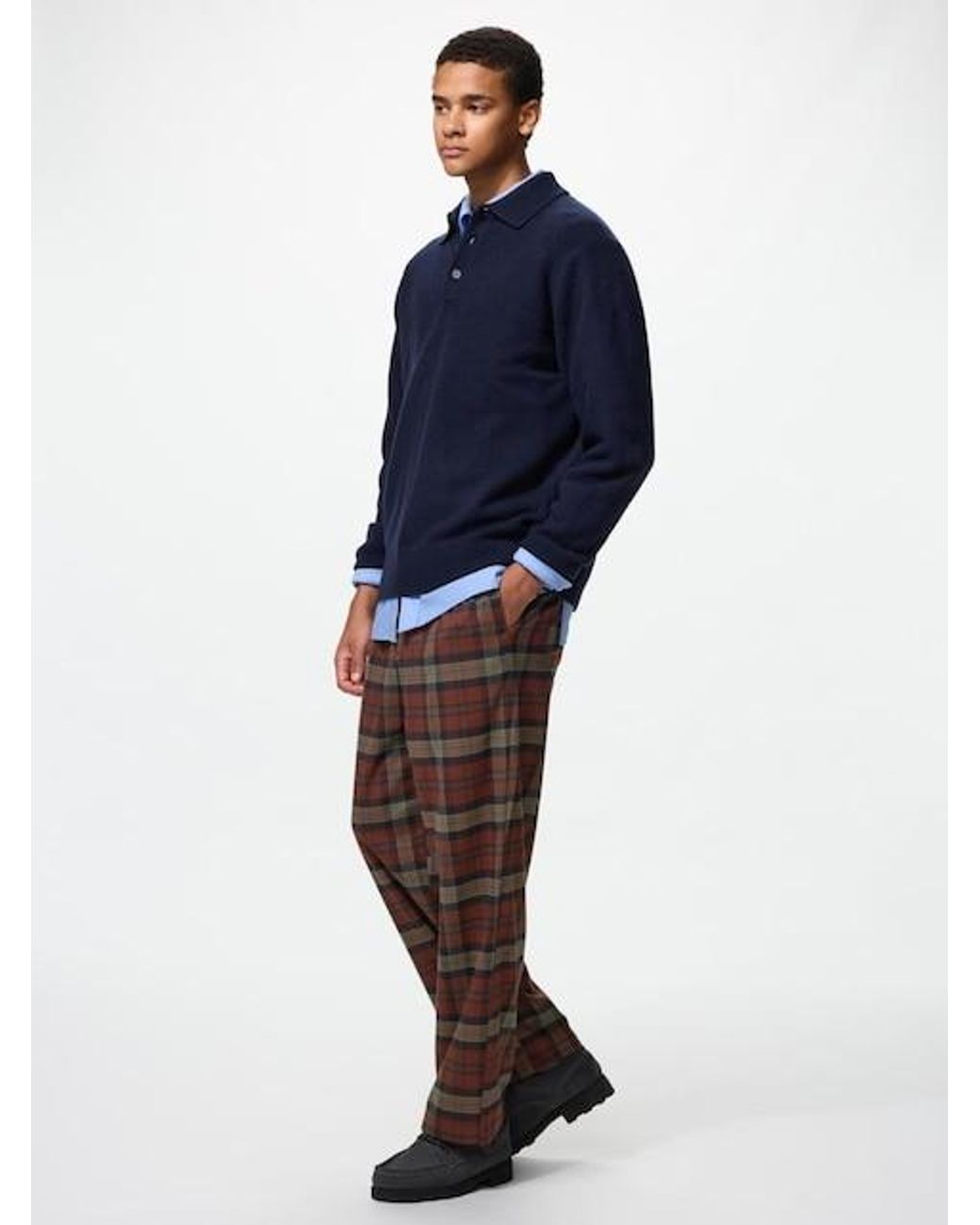 Uniqlo Blue Flannel Easy Ankle Trousers (Checked) for men