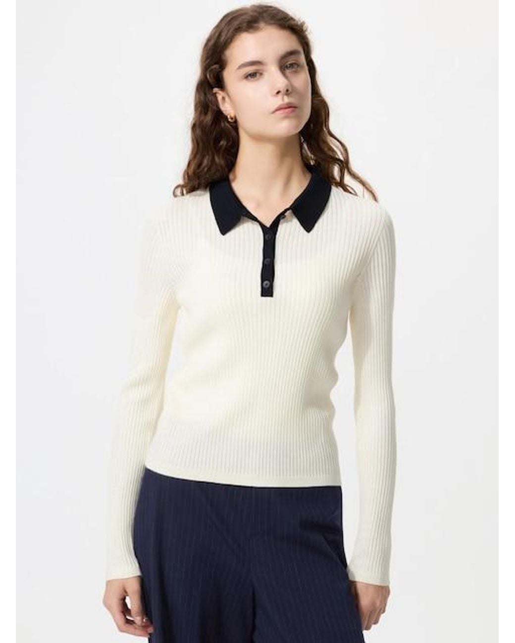 Uniqlo White 3D Knit Seamless Merino Blend Ribbed Polo Jumper