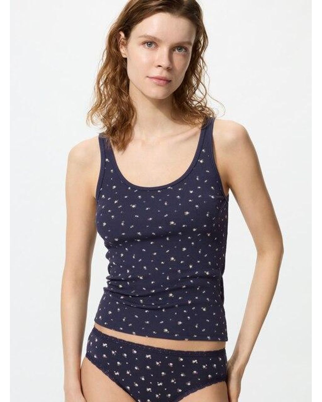 Uniqlo Blue Ribbed Sleeveless Top (Flowers)