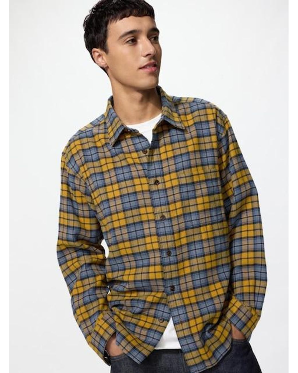 Uniqlo Yellow Flannel Shirt (Regular Collar, Checked) for men