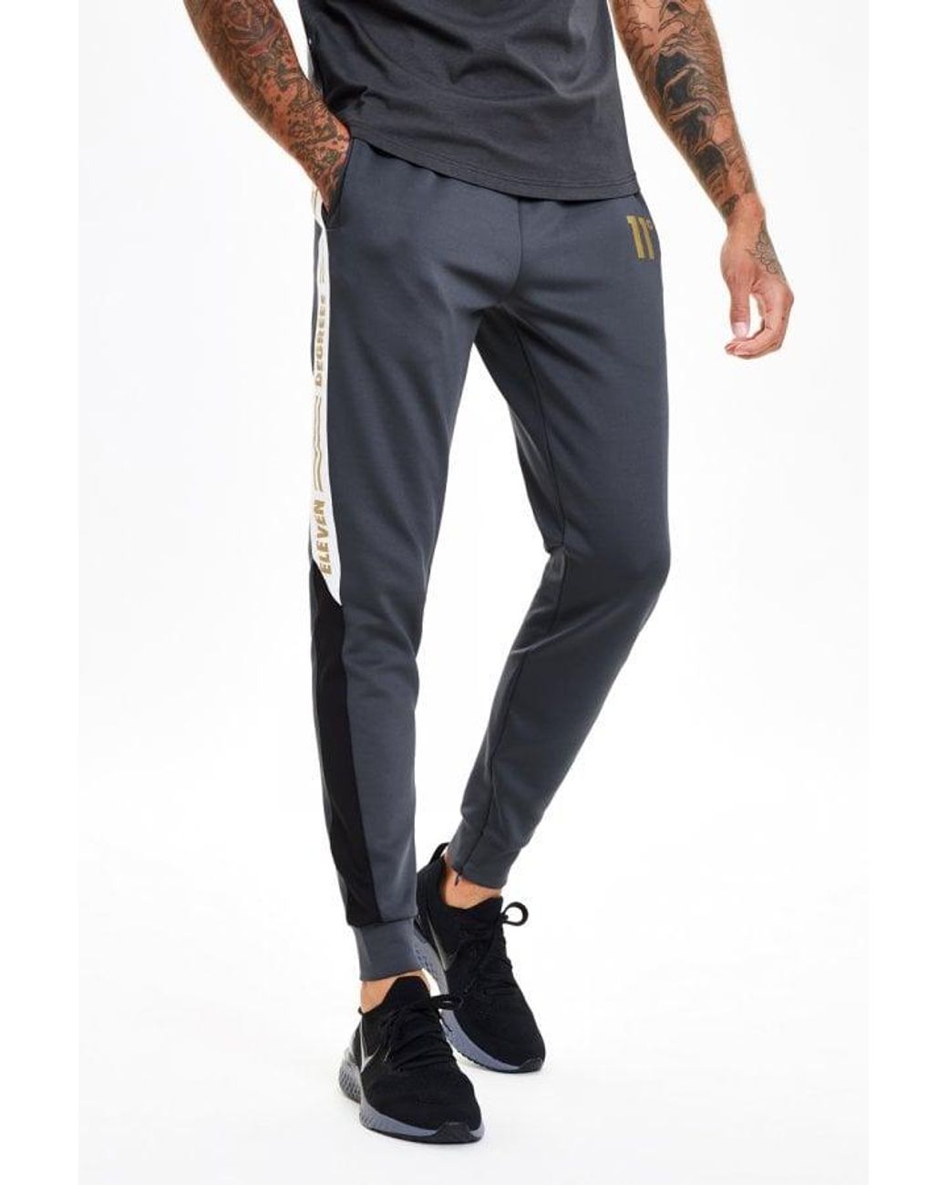 Mens 11 Degrees Piped Skinny Jogging Pants Poly Tracksuit Bottoms New