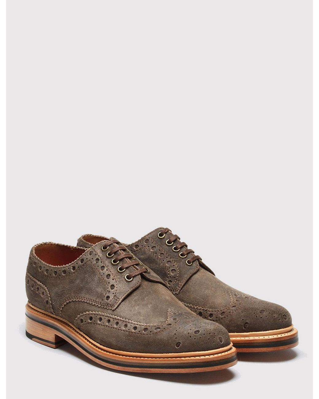 GRENSON Brown Archie Brogue Suede Shoes for men