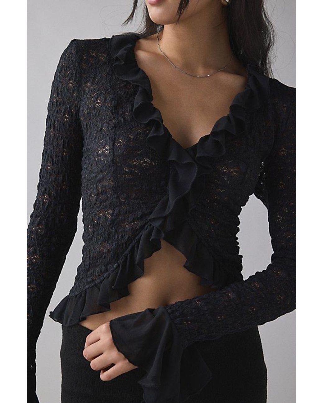 Kimchi Blue Libby Ruffle Trim Flyaway Lace Cardigan Top in Black