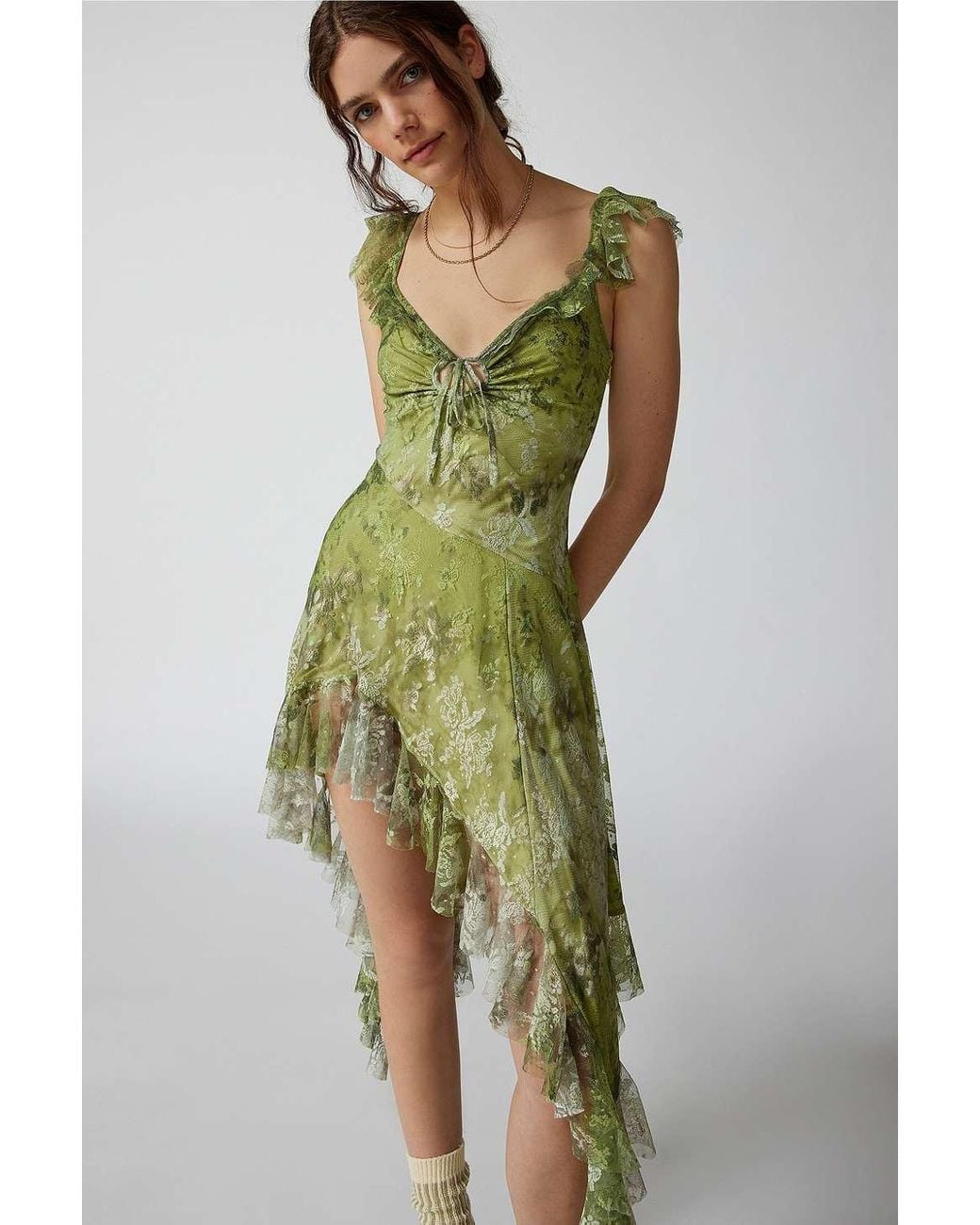 Urban Outfitters Uo Hyacinth Lace Spliced Midi Dress in Green | Lyst UK