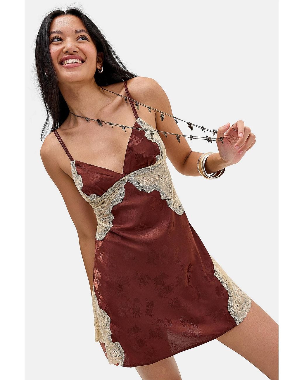 Out From Under Red Lace Insert Jacquard Slip Dress