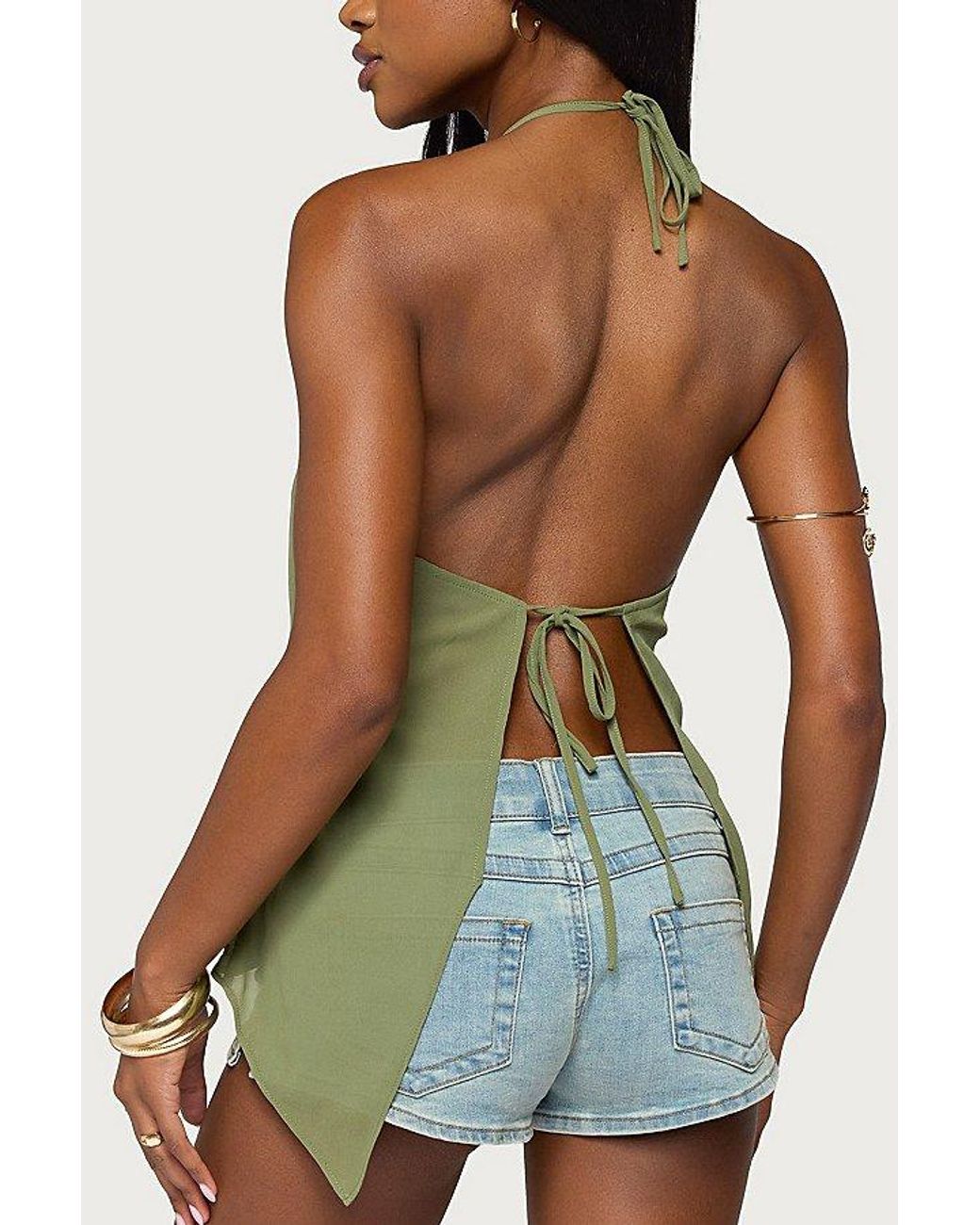 Edikted Green Chiffon Split Open Back Halter Top