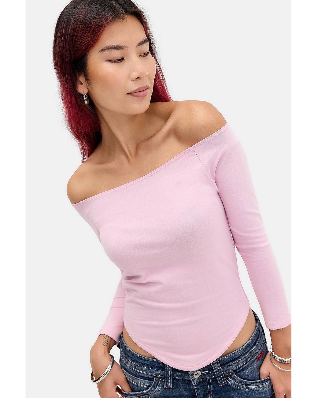 Urban Outfitters Pink Uo Off-shoulder 3/4 Sleeve Basic Tee