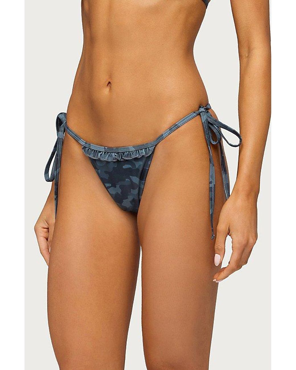 Edikted Blue Aviah Ruffle Camo String Bikini Bottom