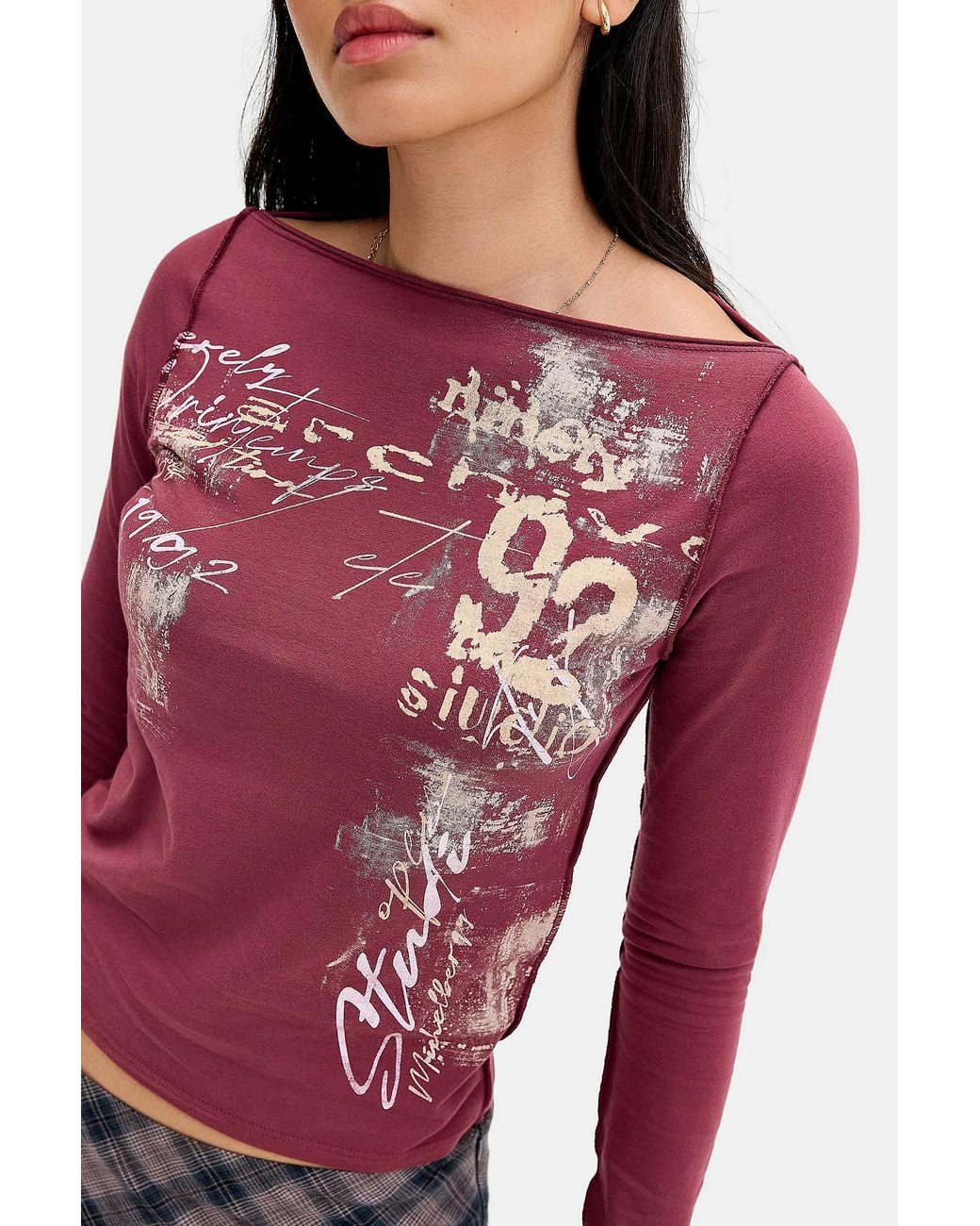 Urban Outfitters Red Uo Archive 92 Slash Neck Long Sleeve Tee