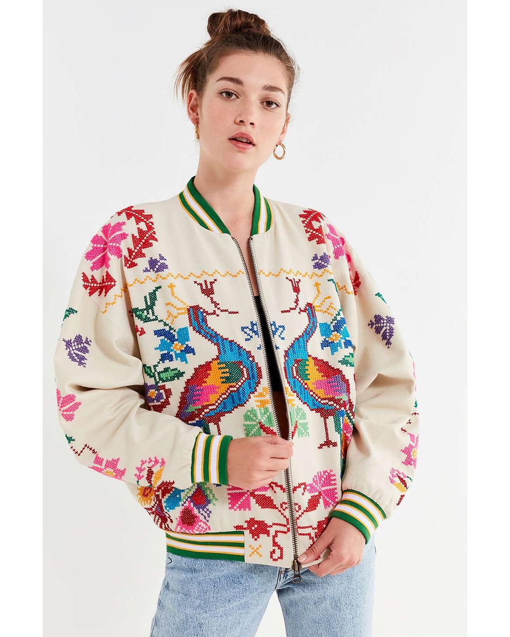 Urban Outfitters Cotton Uo Peacock Paradise Cross-stitch Bomber Jacket in  Red | Lyst Canada