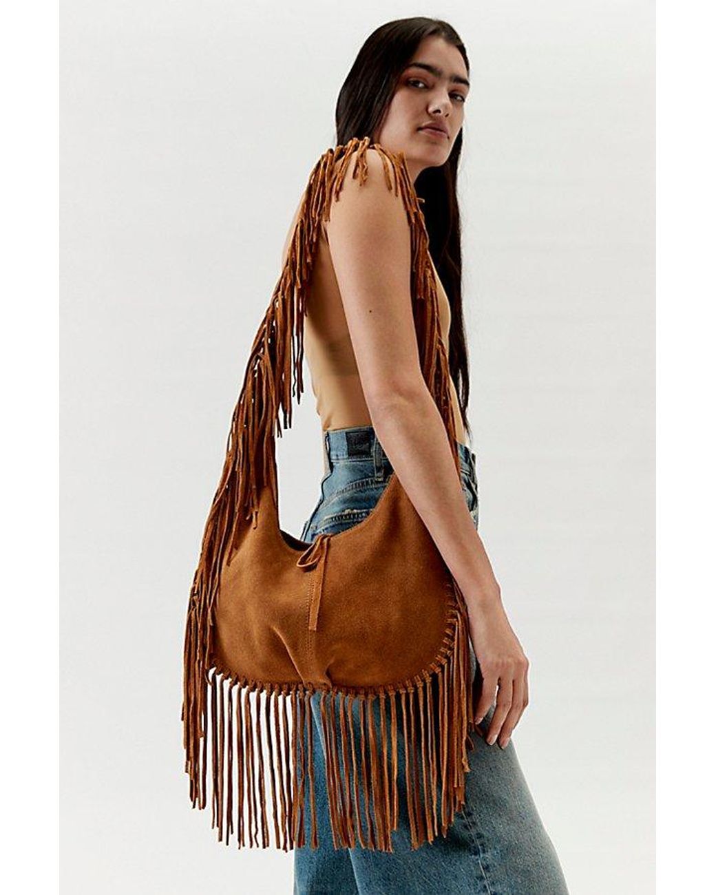 Silence + Noise Suede Fringe Hobo Sling Bag in Brown | Lyst
