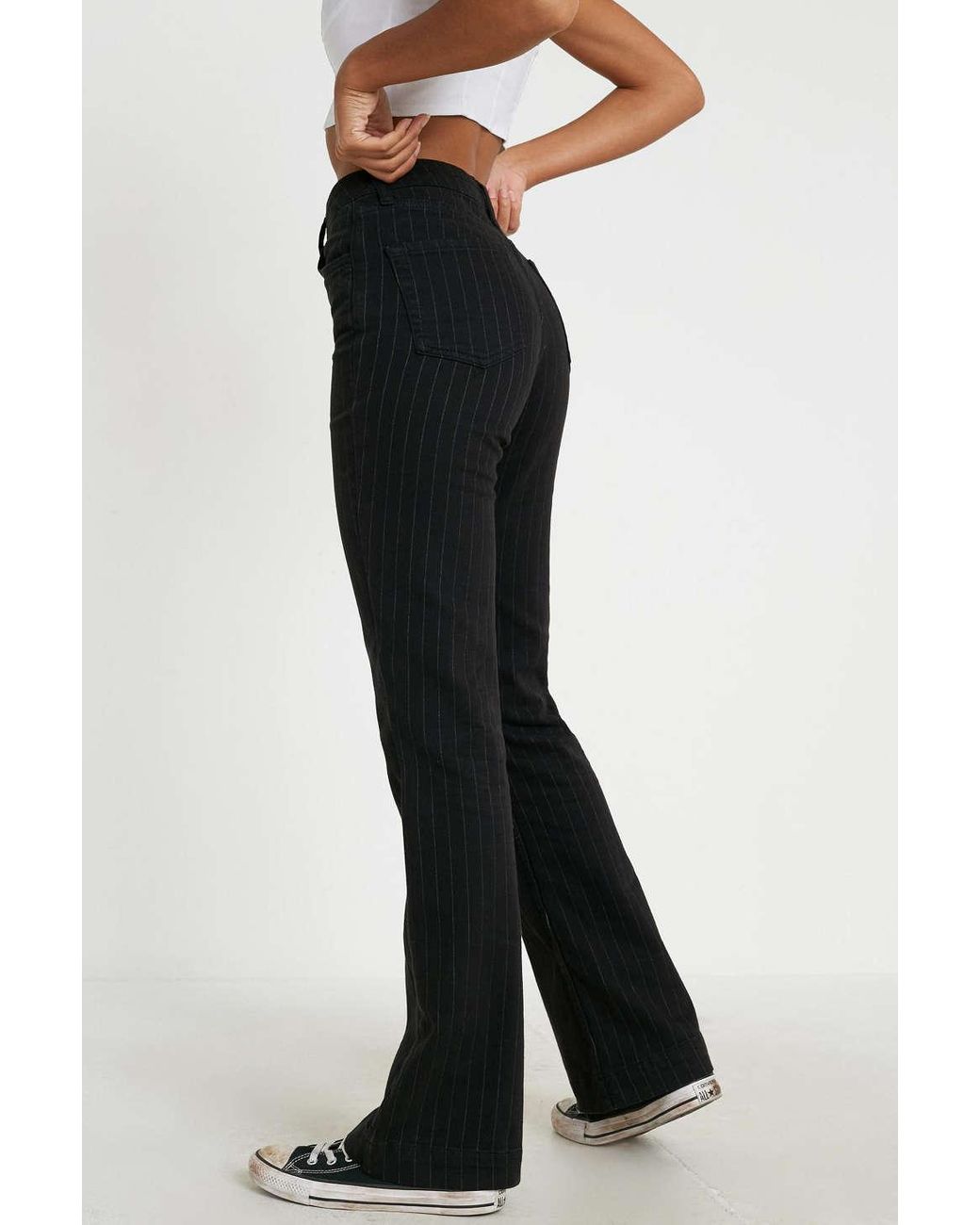 Jawbreaker High-Waisted Striped Buckle Belt Flare Pants - Black Pinstripe