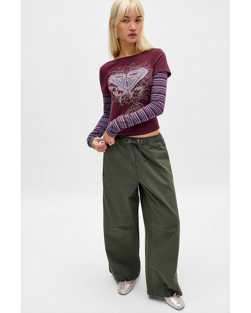 Roxy Red Uo Exclusive Burgundy Double-layer Baby Tee Xs At Urban Outfitters