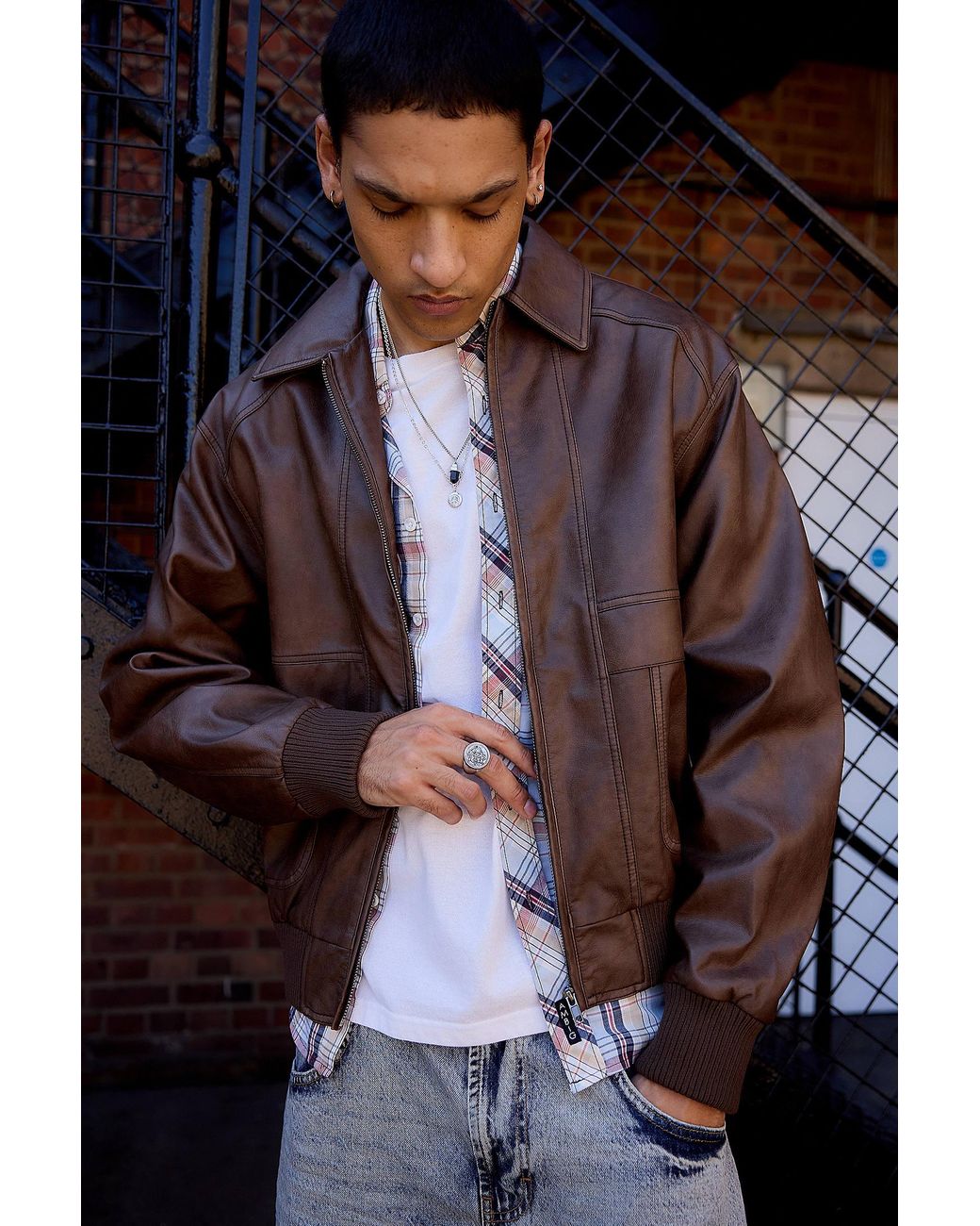 BDG Brown Kyle Faux Leather Bomber Jacket for men