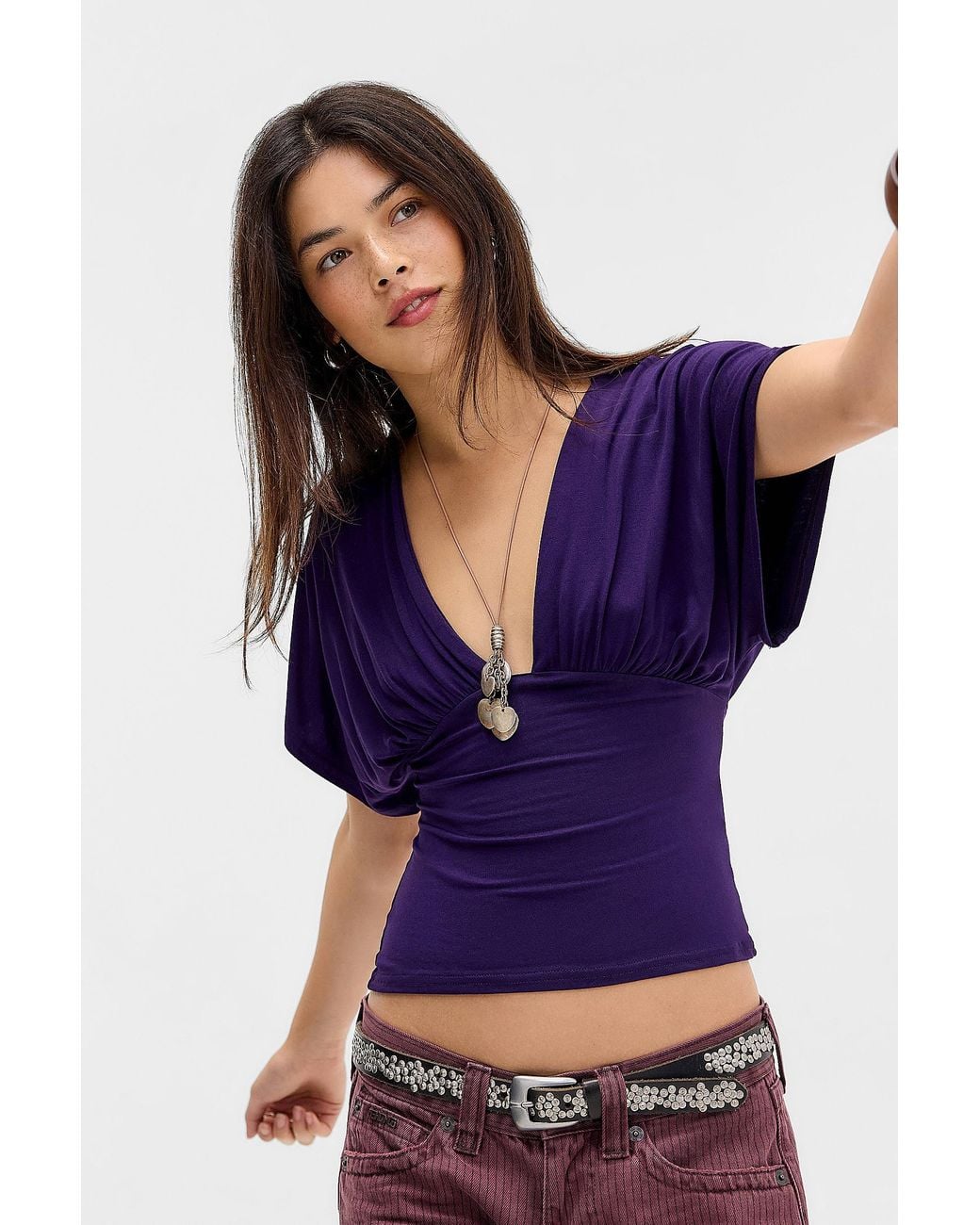 Silence + Noise Blue Silence + Noise Silence & Noise Irene Batwing Ruched Short Sleeve Top