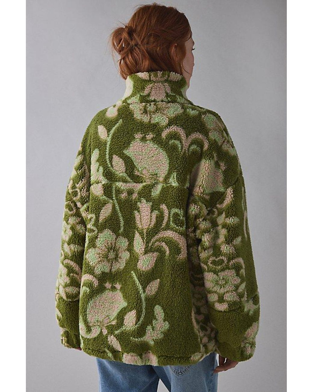 BDG Green Mae Printed Piled Fleece Zip-Up Jacket