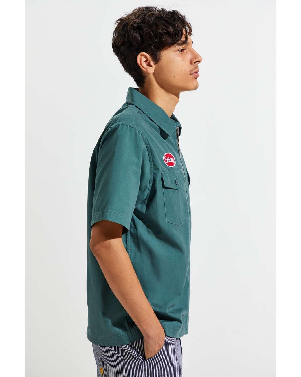 Stussy Garage Short Sleeve Zip-up Shirt in Green for Men