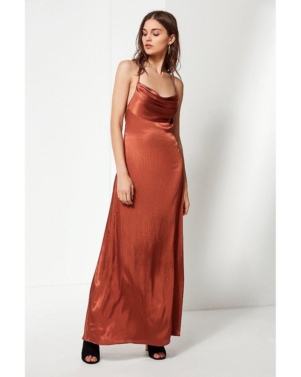 Uo Cowl Neck Silk Maxi Dress in Copper 