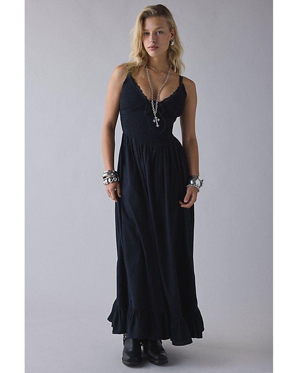 Kimchi Blue Keepsake Tie-Front Smocked Cotton Maxi Dress in Black