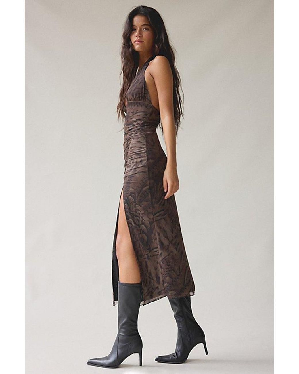 Urban Outfitters Uo Deep Plunge Halter Ruched Mesh Midi Dress in Brown |  Lyst