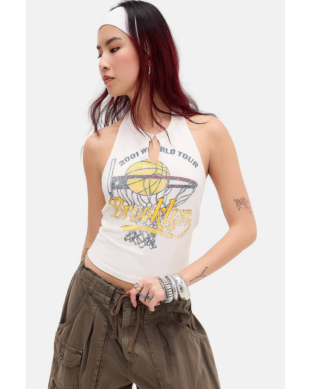 Urban Outfitters White Uo Brooklyn Basketball Graphic Halter Top