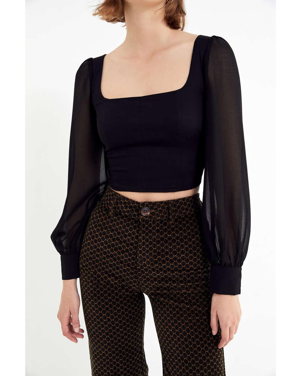 Urban Outfitters Uo Lena Sheer Sleeve Square Neck Blouse in Black