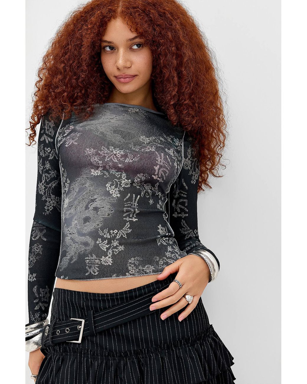 Silence + Noise Gray Silence + Noise Drae Mesh Print Long Sleeve Top