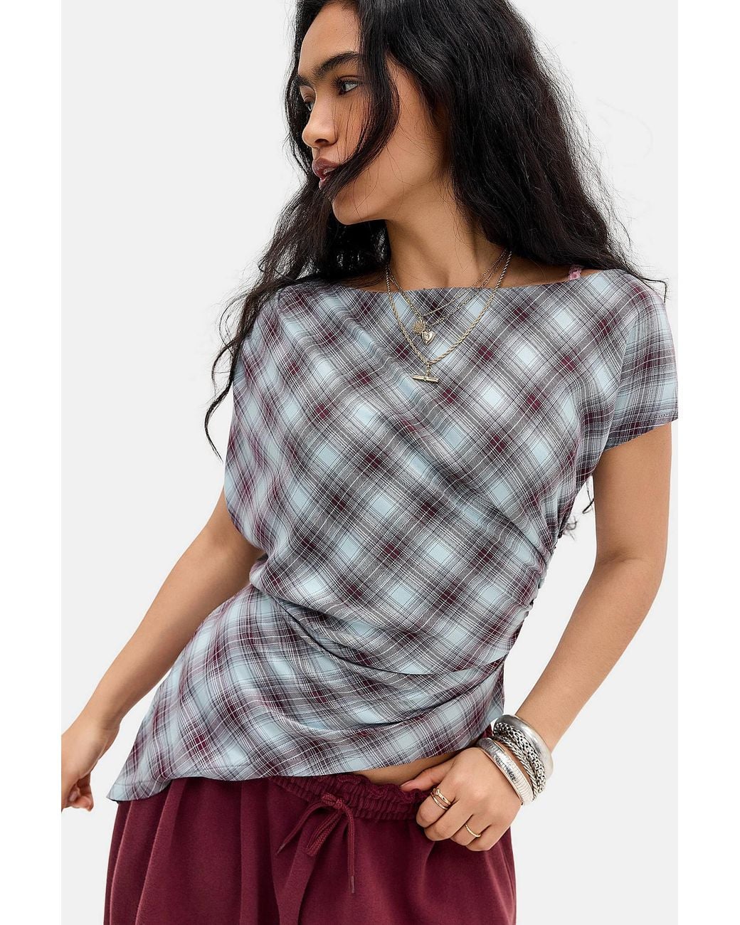 Silence + Noise Gray Silence + Noise Clarissa Check Drape Top