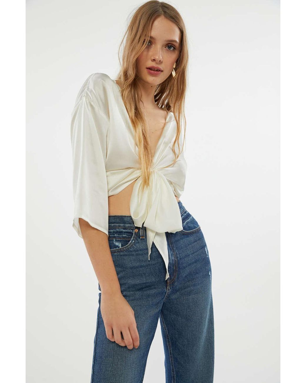 Urban Outfitters Uo Nicole Satin Tie-front Cropped Top | Lyst