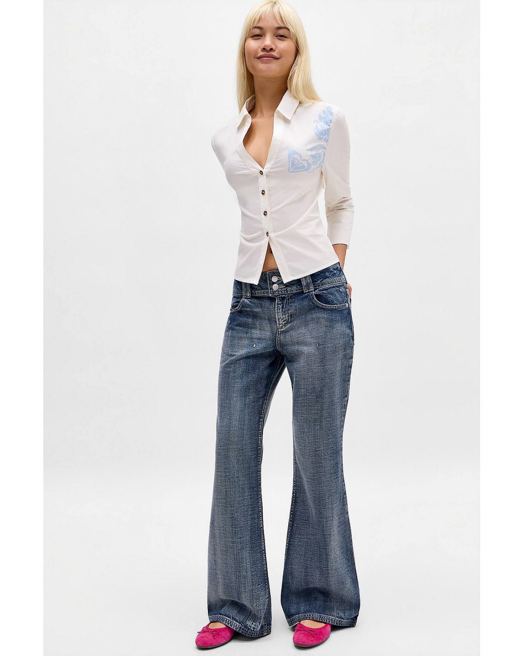 Roxy Blue Uo Exclusive Embroidered Flare Jeans