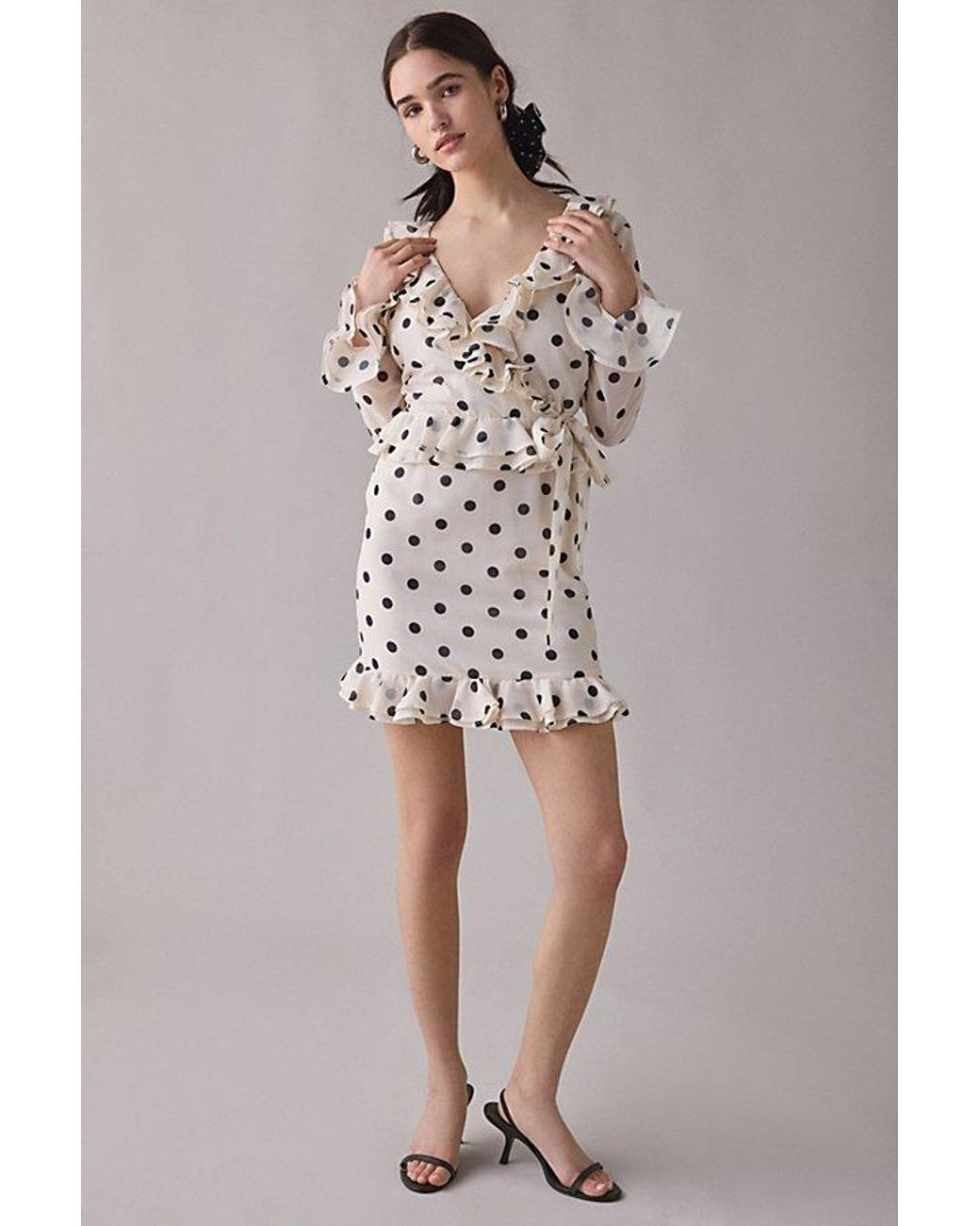 Bardot Frill Detail Polka Dot Long Sleeve Mini Dress in White | Lyst