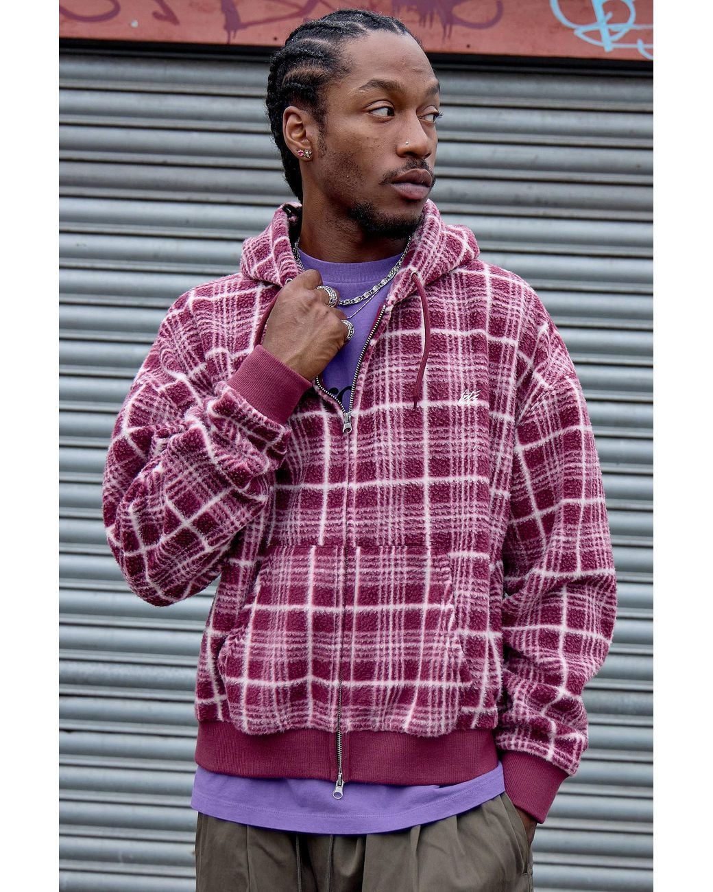 iets frans Multicolor Purple Borg Check Hooded Fleece for men