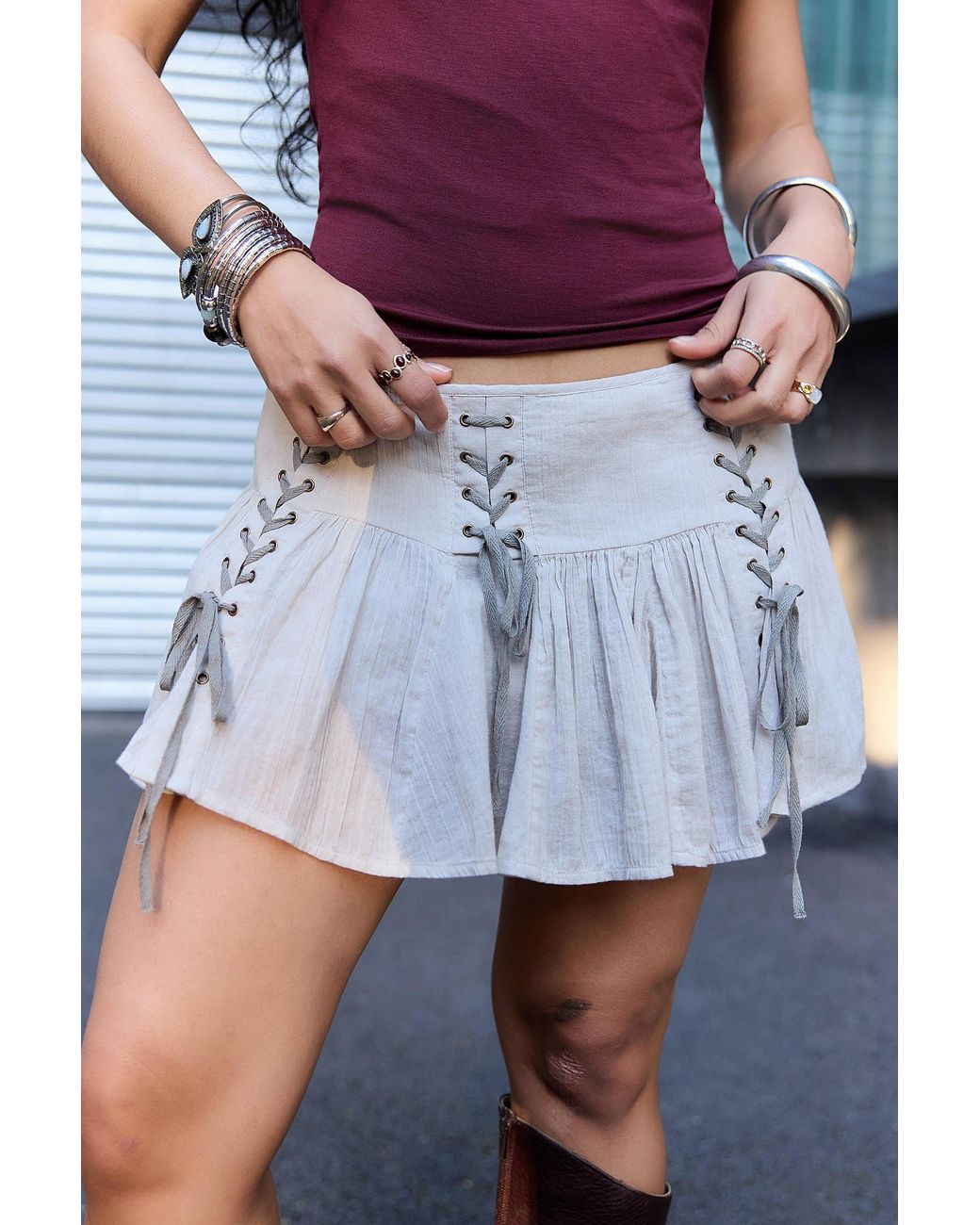 Urban Outfitters Blue Uo Olga Lace Up Pleated Mini Skirt