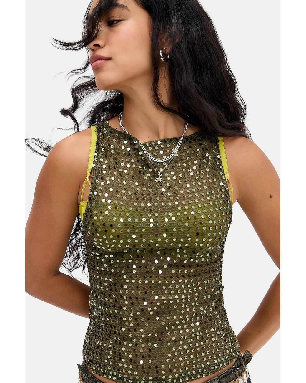 Motel Green Khaki Dudley Sequin Vest Top Jacket