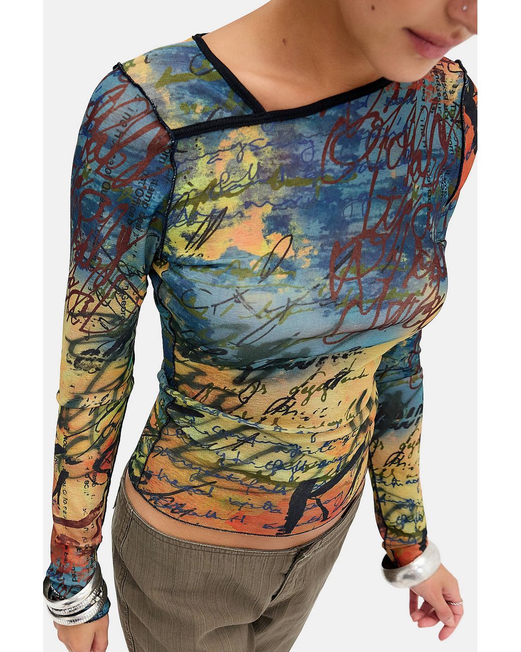Silence + Noise Blue Silence + Noise Drae Mesh Print Long Sleeve Top