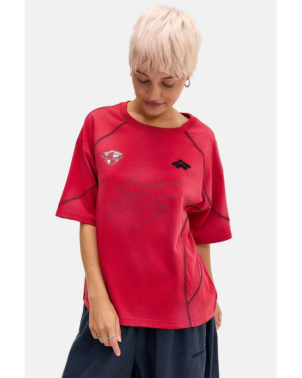 iets frans Red Flatlock Seam Boyfriend Tee