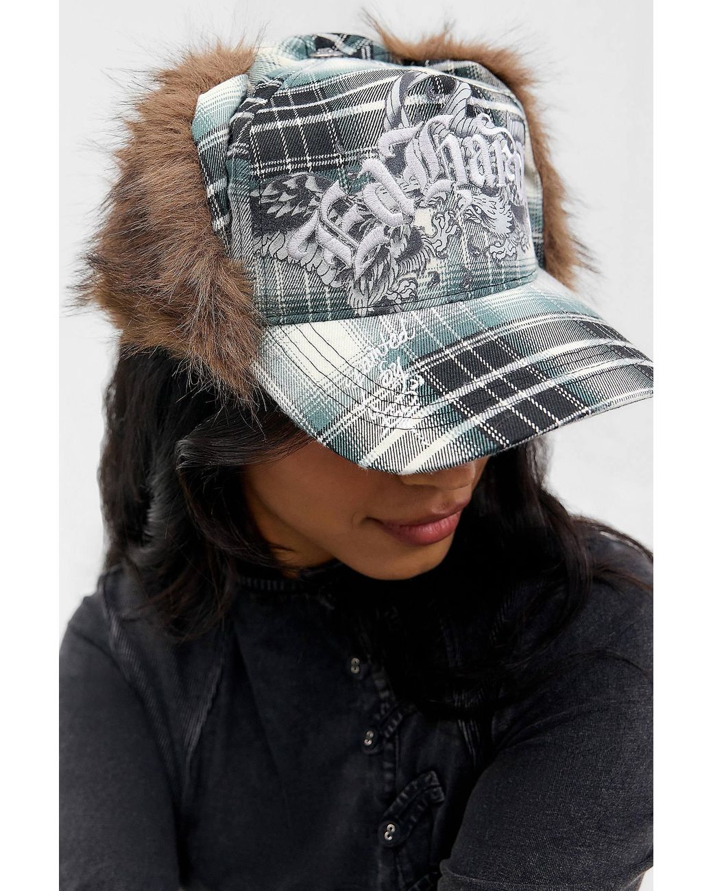 Ed Hardy Gray Eagle Check Trapper Cap