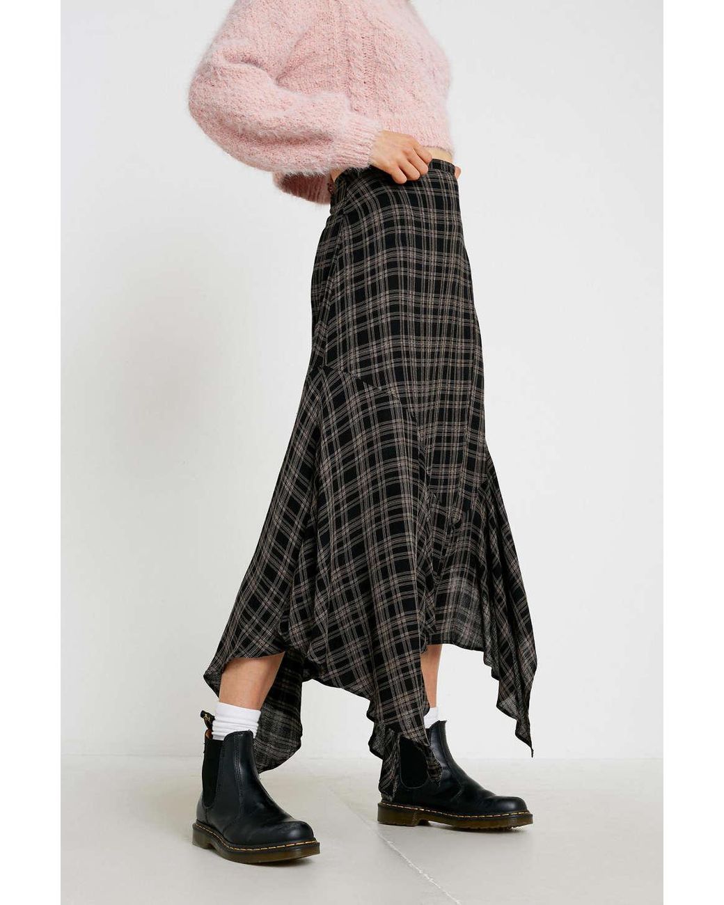 Urban Outfitters Uo Plaid Asymmetrical Hem Midi Skirt | Lyst