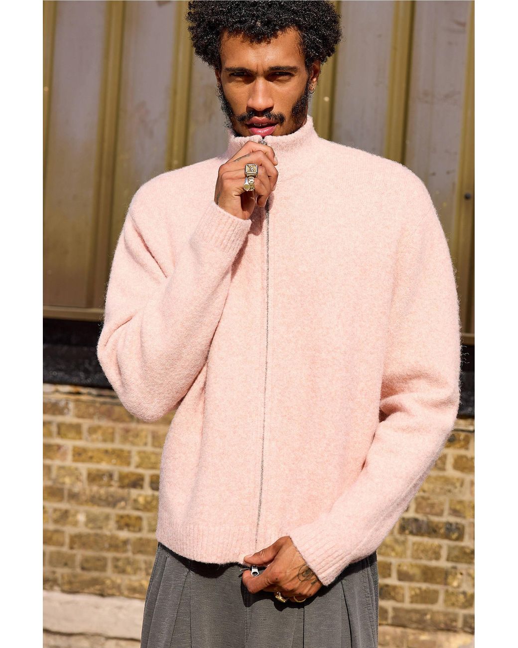 Urban Outfitters Natural Loom Plain Zip-through Knit Jumper for men