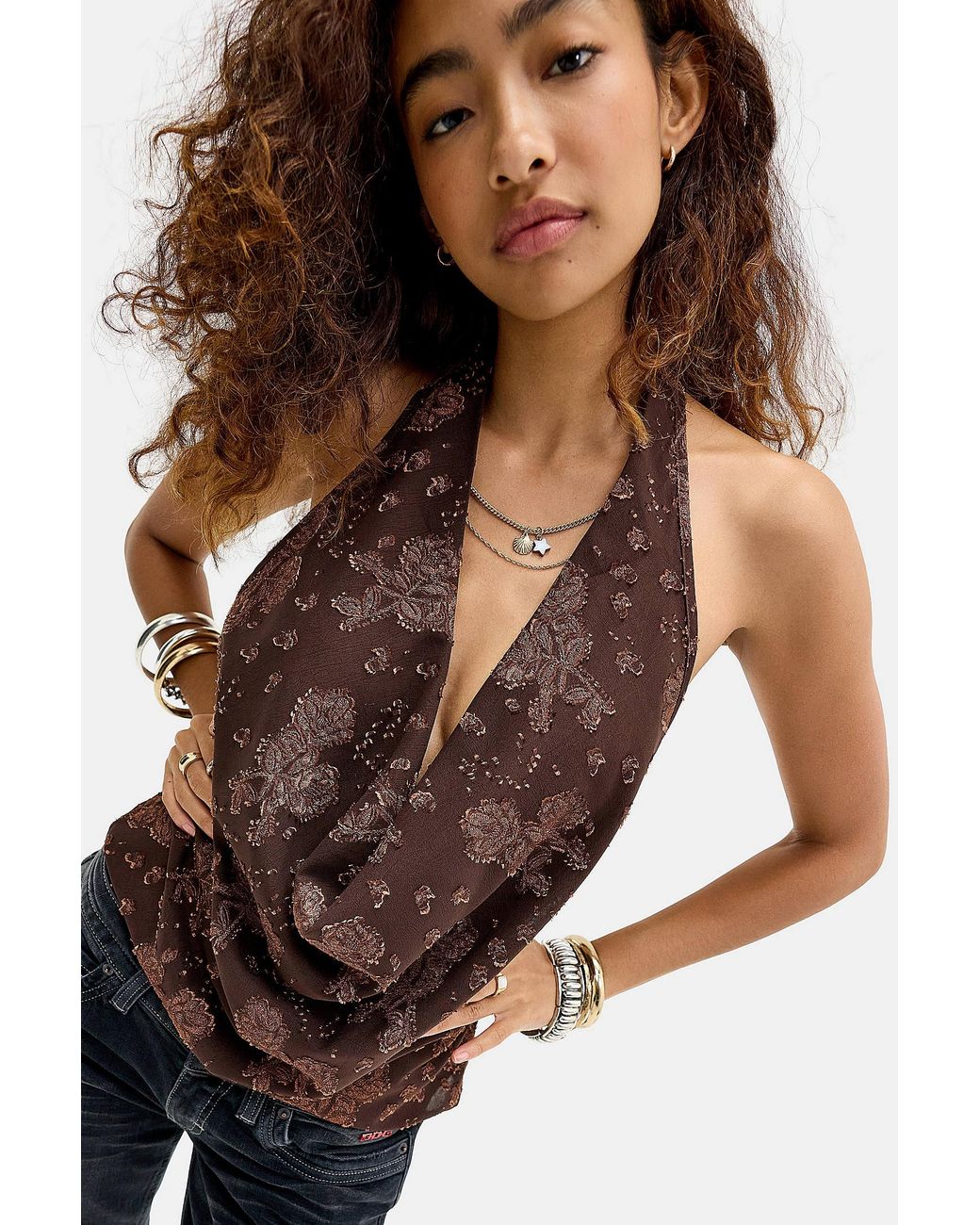Motel Brown Greece Floral Jacquard Chiffon Cowl Top