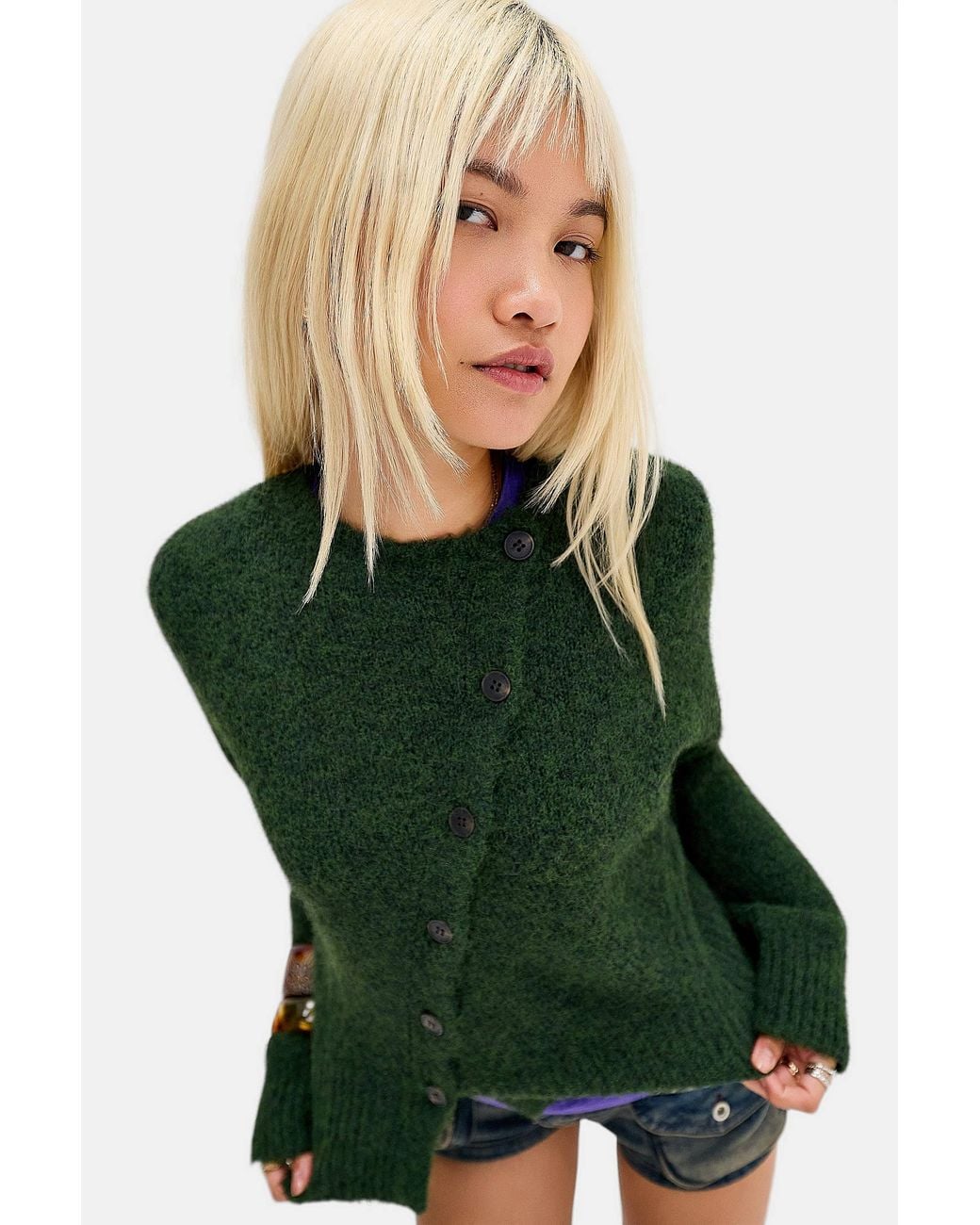 BDG Green Asymmetric Button-through Cardigan
