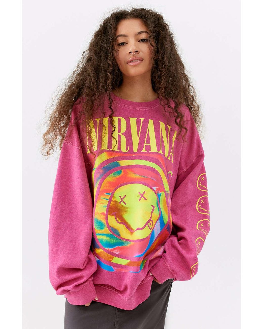 Urban Outfitters Nirvana Smile Overdyed Crew Neck Sweatshirt In Pink,at |  Lyst