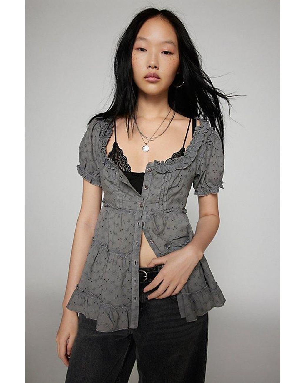 Kimchi Blue Kimchi Angela Eyelet Babydoll Tunic Top in Gray | Lyst