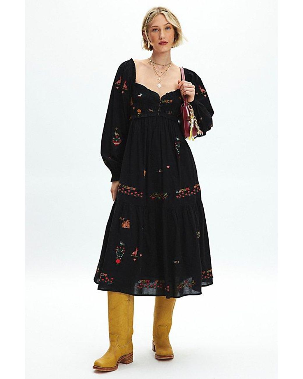 Kimchi Blue Fiona Embroidered Long Sleeve Babydoll Midi Dress in Black |  Lyst
