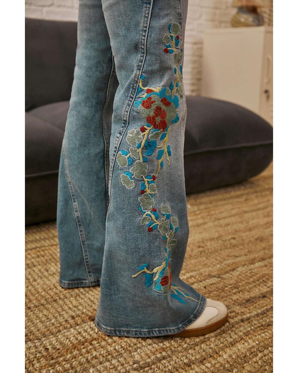 Vintage Embroidered Floral Jeans, Blue Embroidered Denim Pants