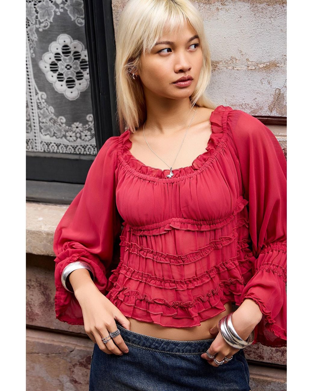 Kimchi Blue Red Lovergirl Long Sleeve Blouse
