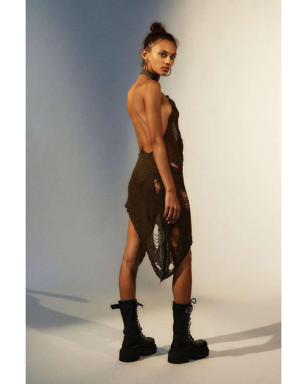 Jaded London Lithium Sheer Knit Mini Dress In Khaki,at Urban