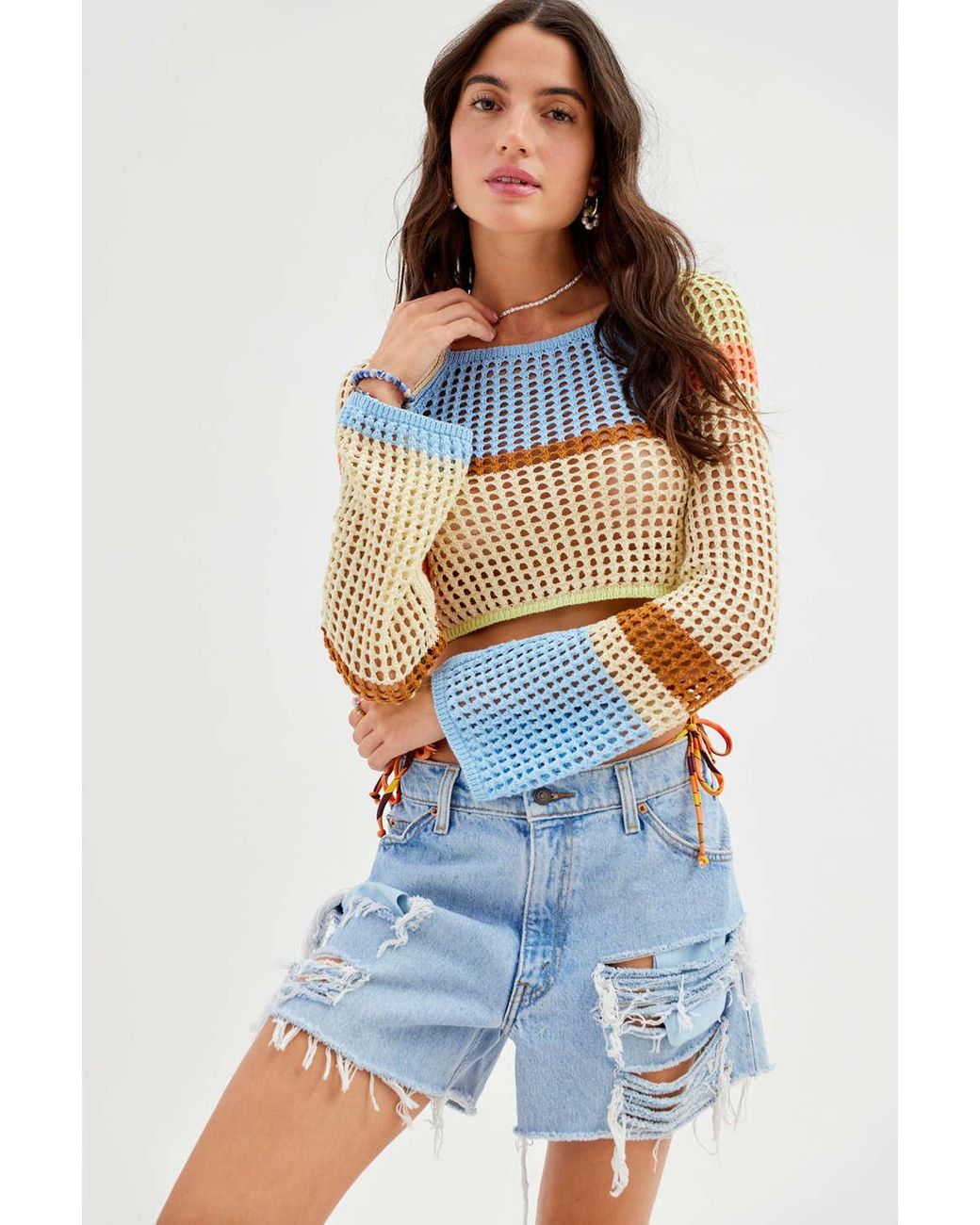 Urban Outfitters Uo Chloe Cropped Open-knit Sweater In Assorted,at in Blue