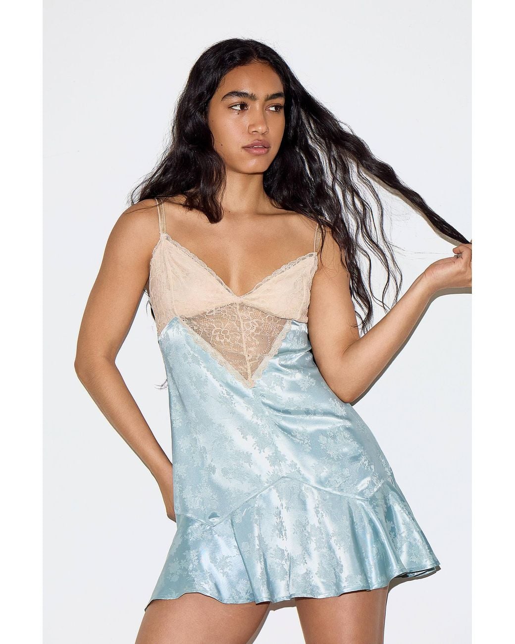 Out From Under Blue Jaquard Lace Slip Mini Dress